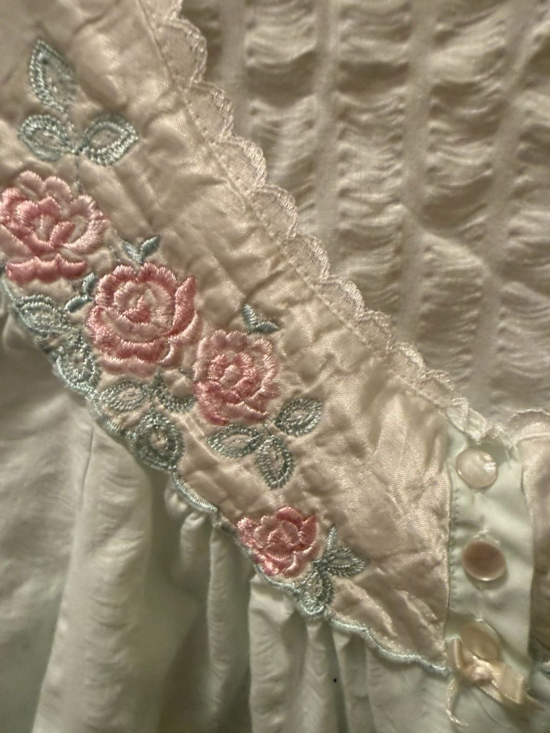 Vintage Seersucker Floral Embroidered Nightgown Light Blue 5