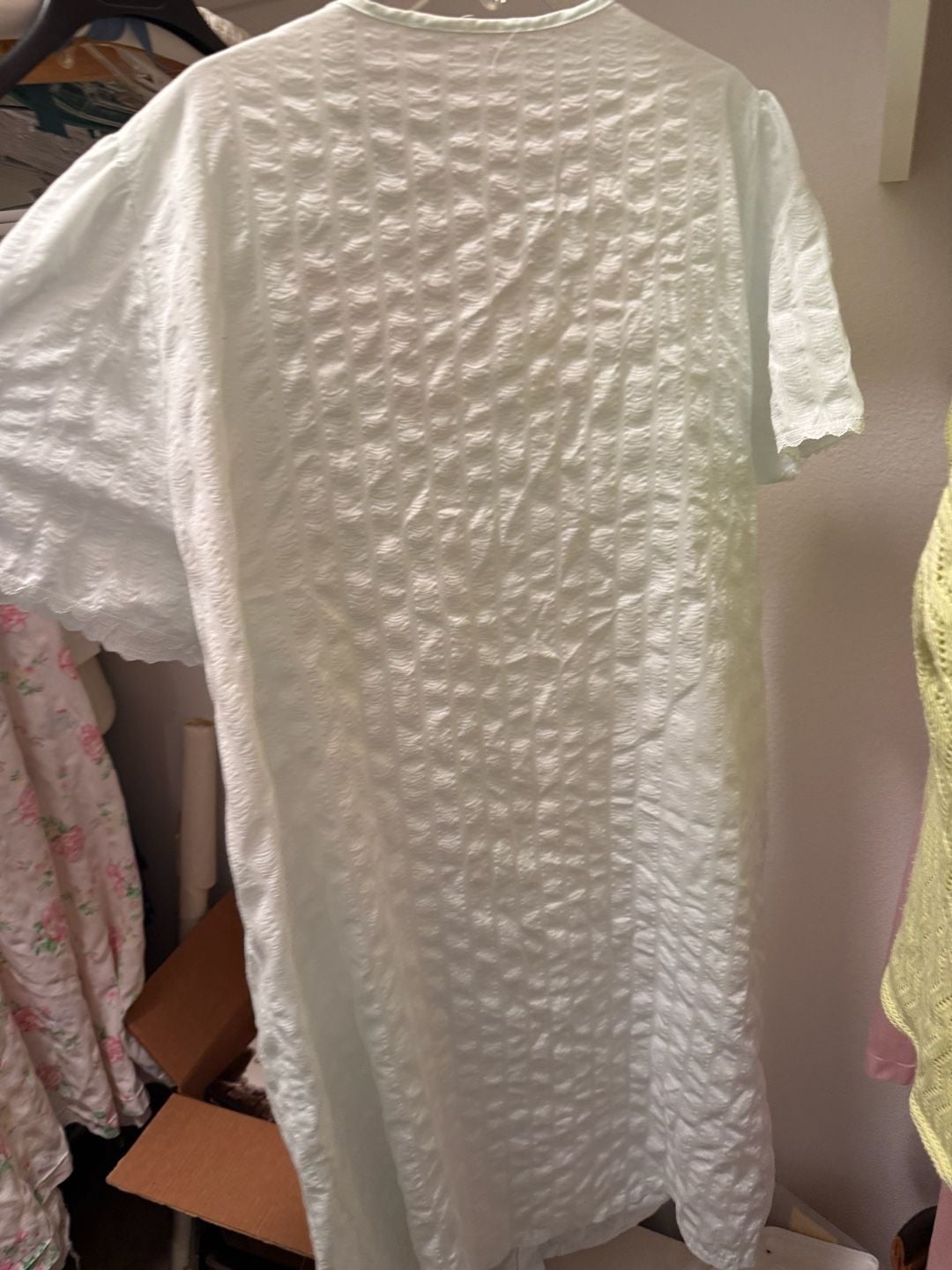 Vintage Seersucker Floral Embroidered Nightgown Light Blue 7
