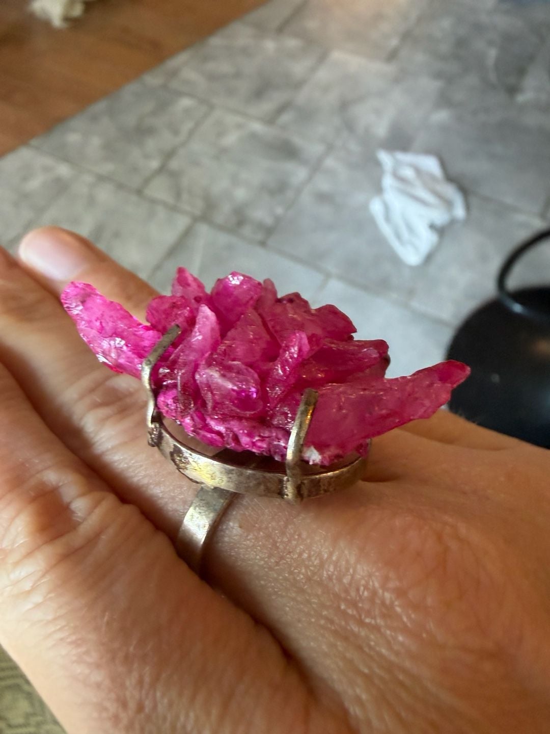Handmade Pink Crystal Cluster Statement Ring Silver Plated 2