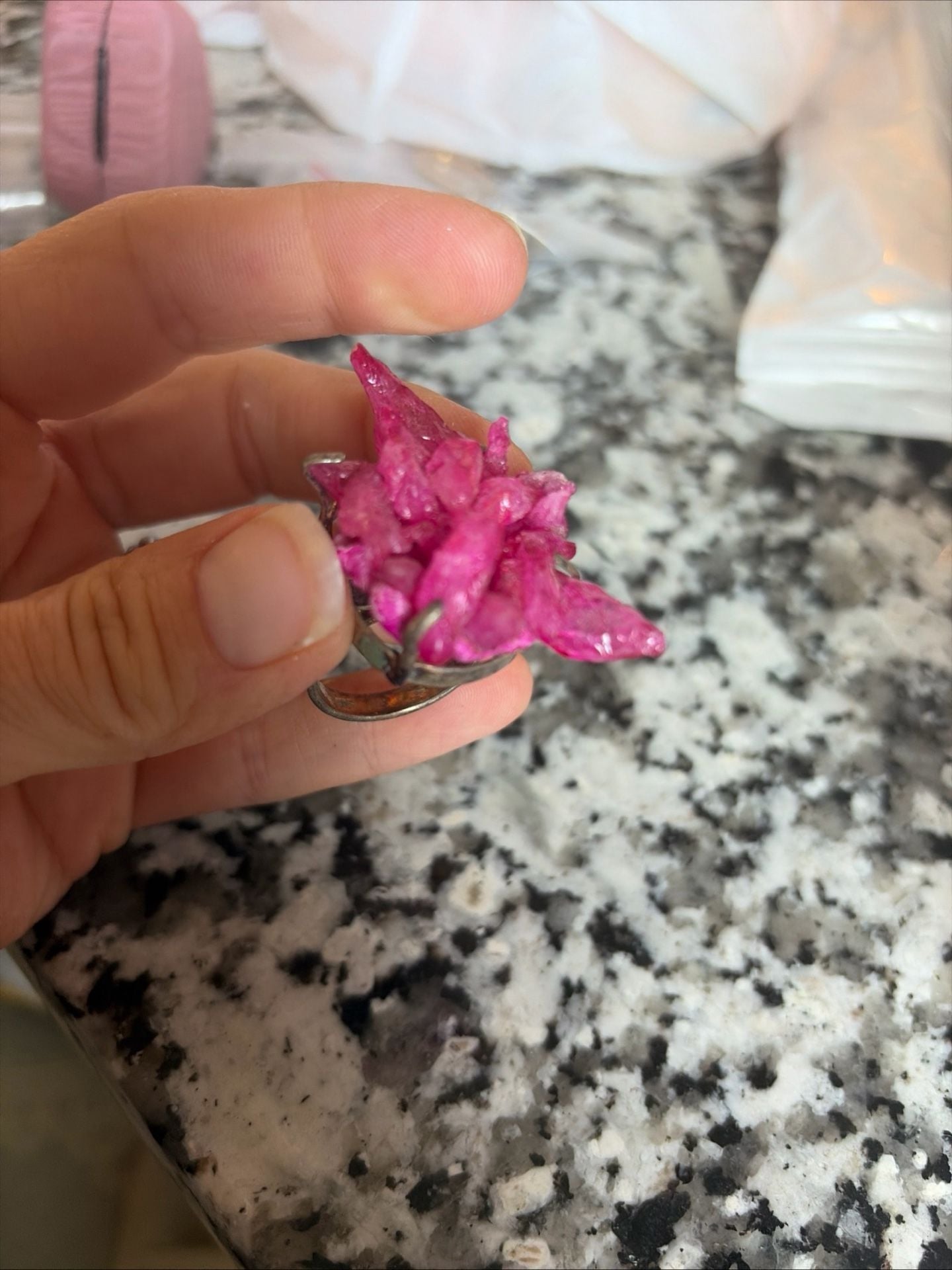 Handmade Pink Crystal Cluster Statement Ring Silver Plated 3