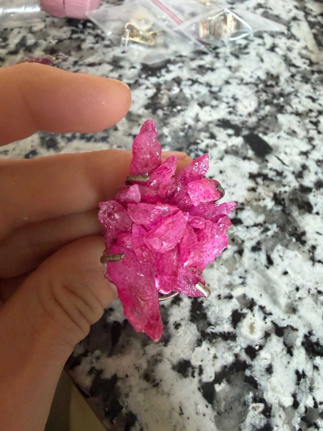 Handmade Pink Crystal Cluster Statement Ring Silver Plated 4