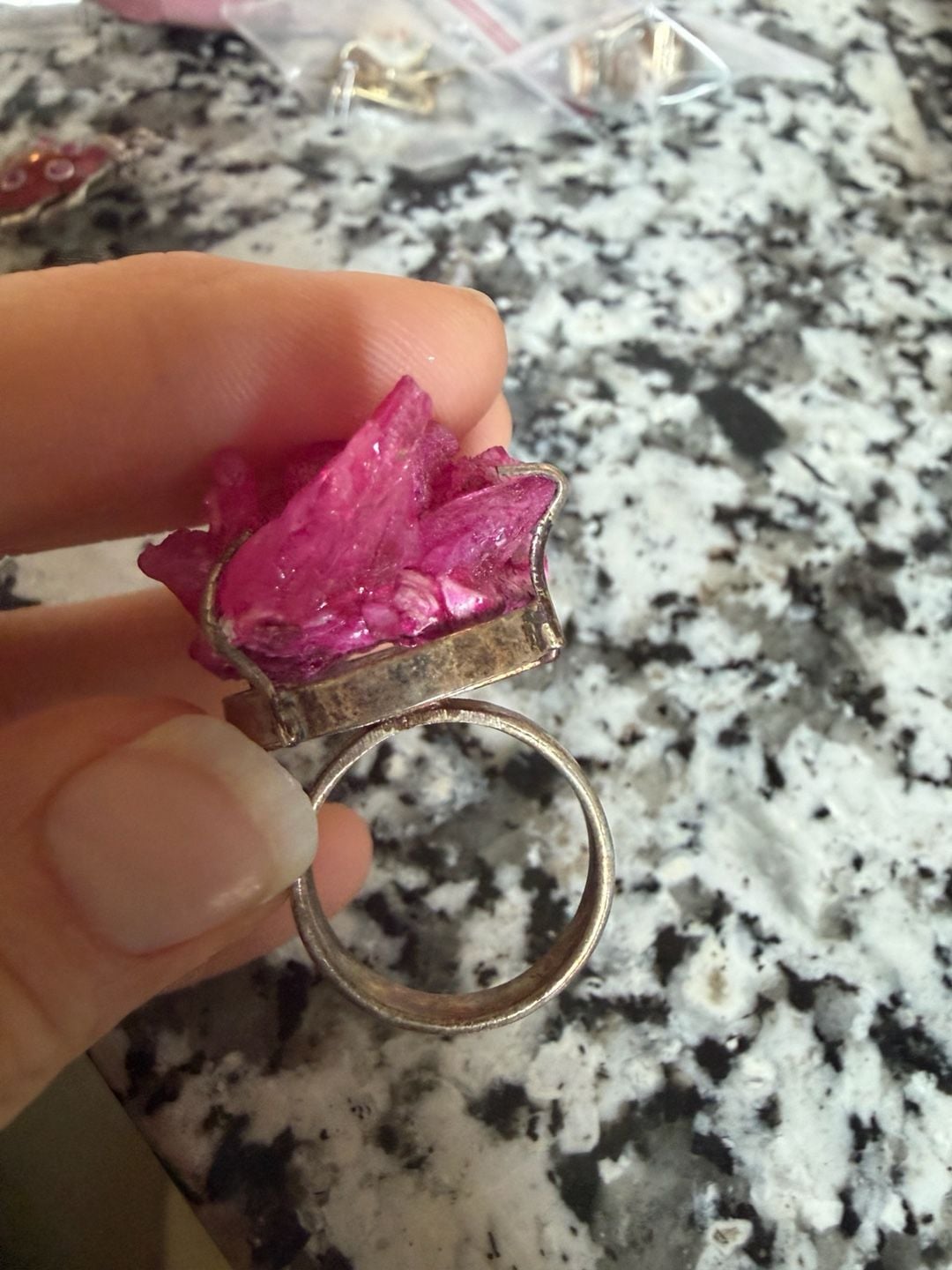 Handmade Pink Crystal Cluster Statement Ring Silver Plated 5