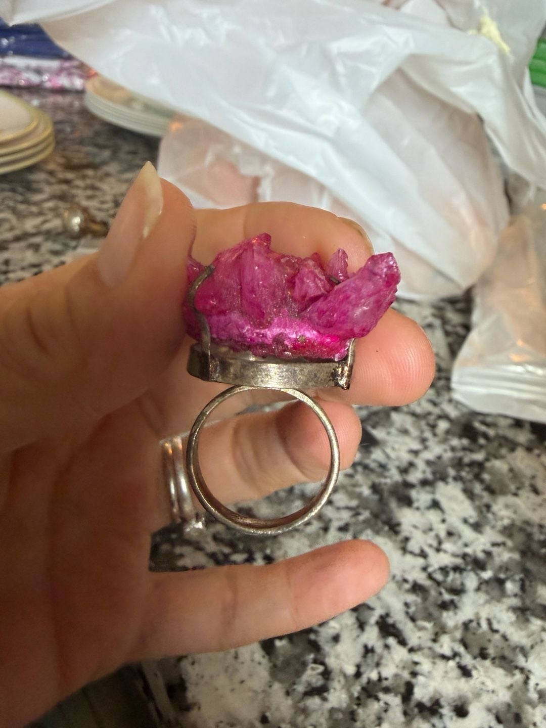 Handmade Pink Crystal Cluster Statement Ring Silver Plated 6