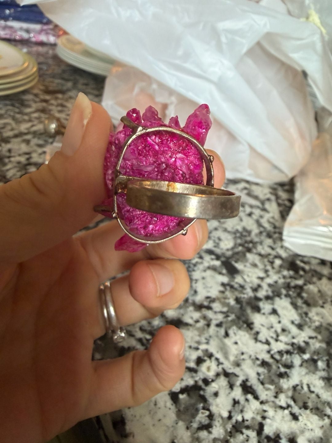 Handmade Pink Crystal Cluster Statement Ring Silver Plated 7