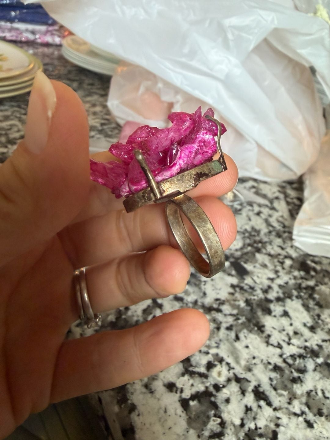 Handmade Pink Crystal Cluster Statement Ring Silver Plated 8