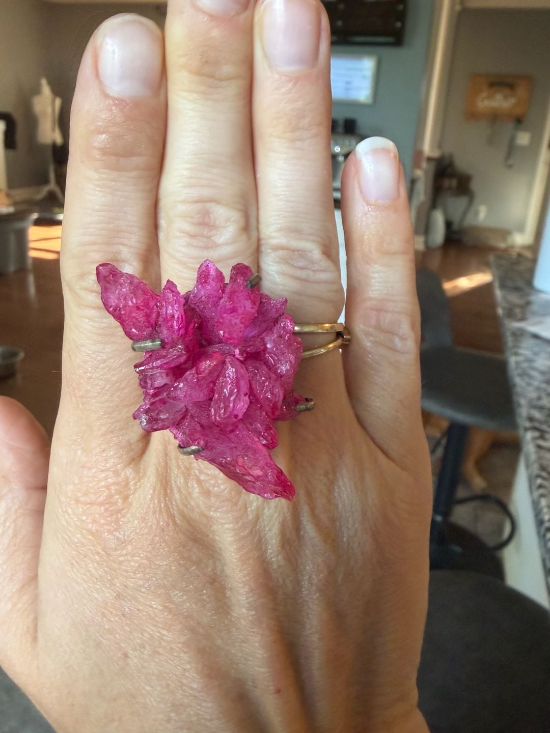 Handmade Pink Crystal Cluster Statement Ring Silver Plated 9