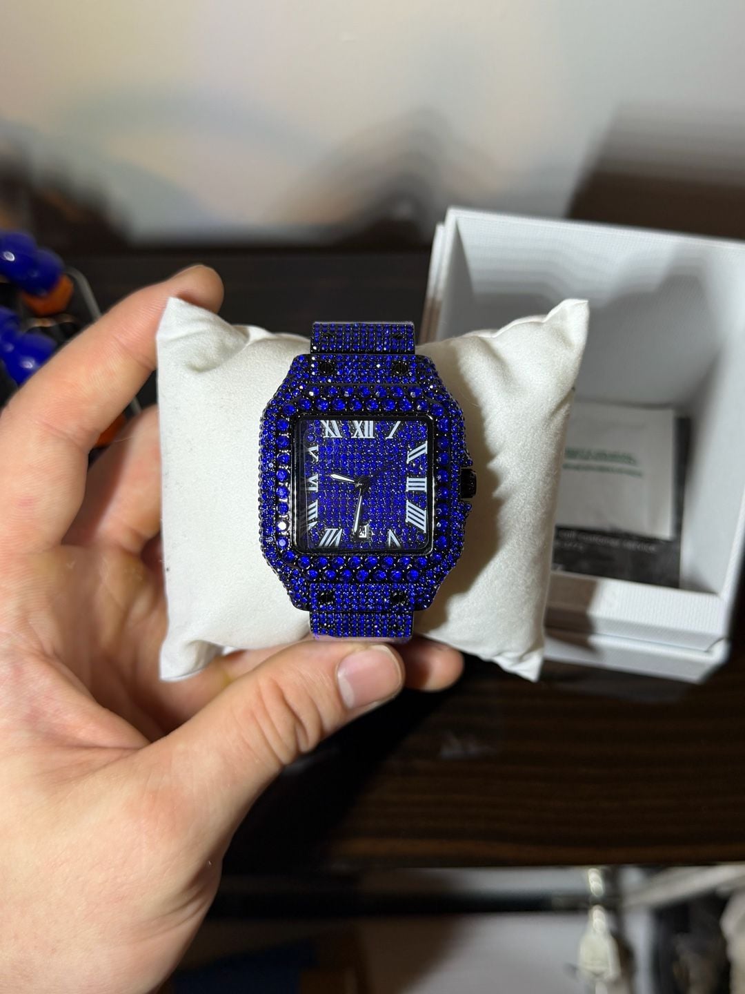Fashion Watches Blue Iced Out Square Dial Roman Numerals Quartz Watch 2