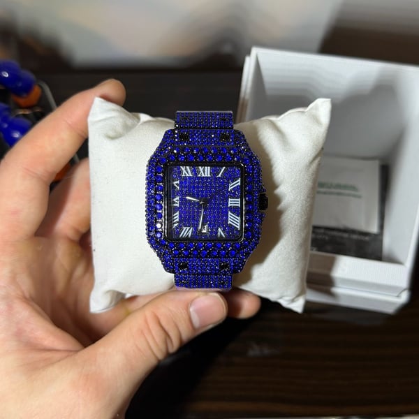 Fashion Watches Blue Iced Out Square Dial Roman Numerals Quartz Watch