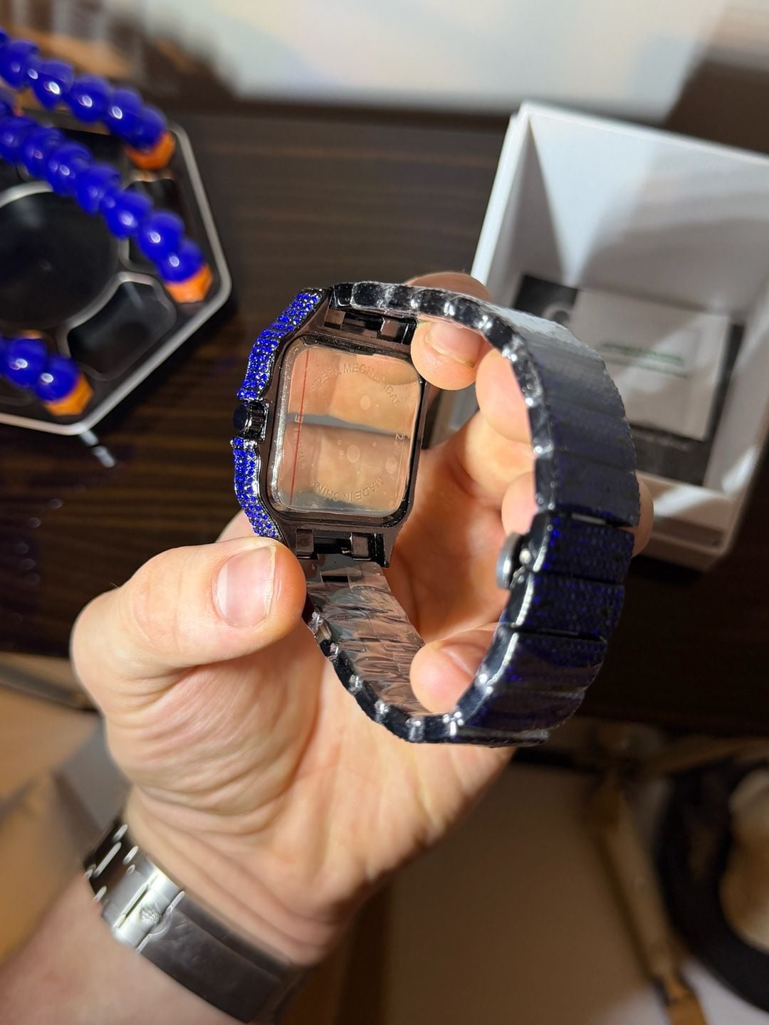 Fashion Watches Blue Iced Out Square Dial Roman Numerals Quartz Watch 3