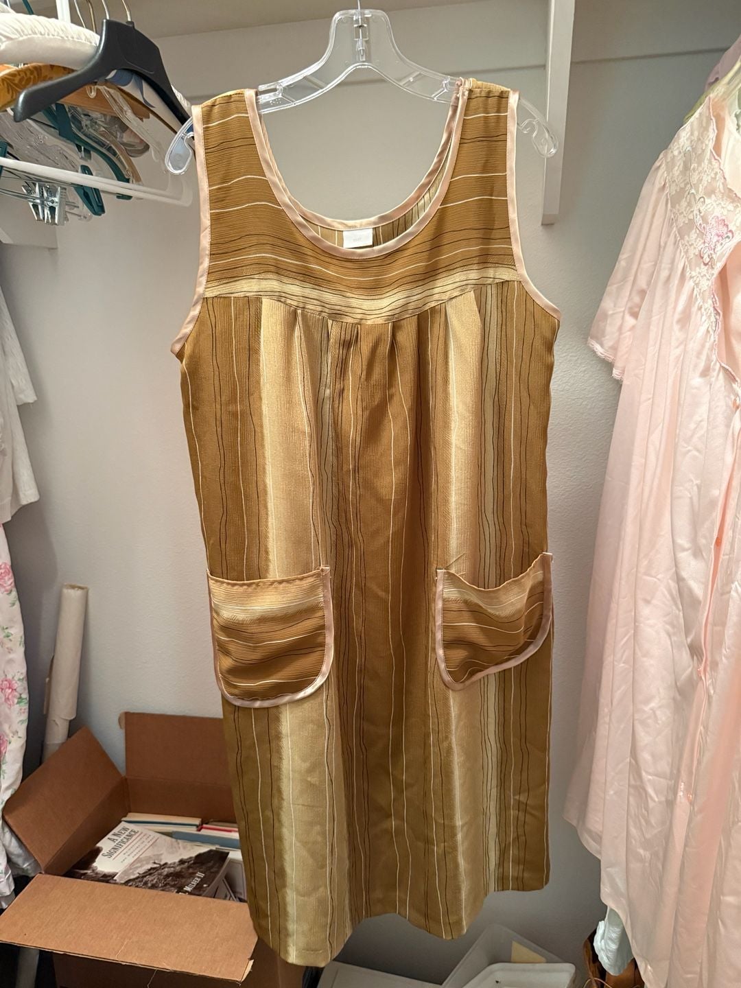 Vintage Striped House Dress Size 52 Brown Polyester 2