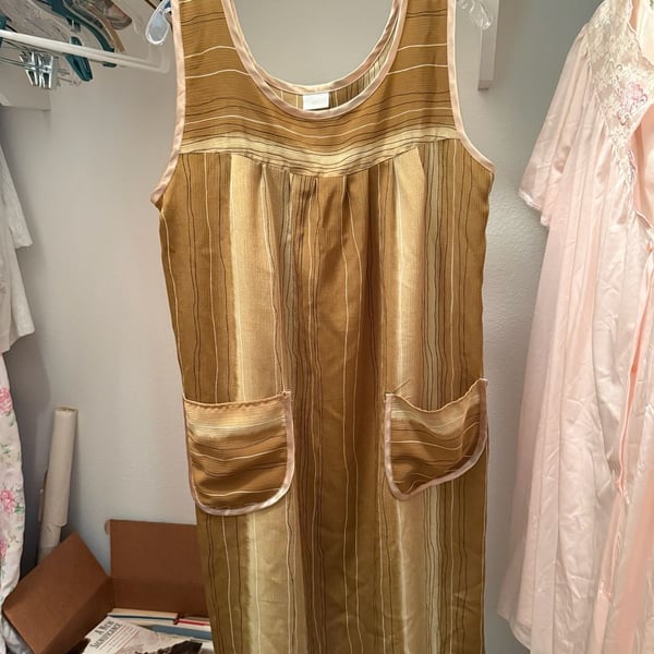 Vintage Striped House Dress Size 52 Brown Polyester