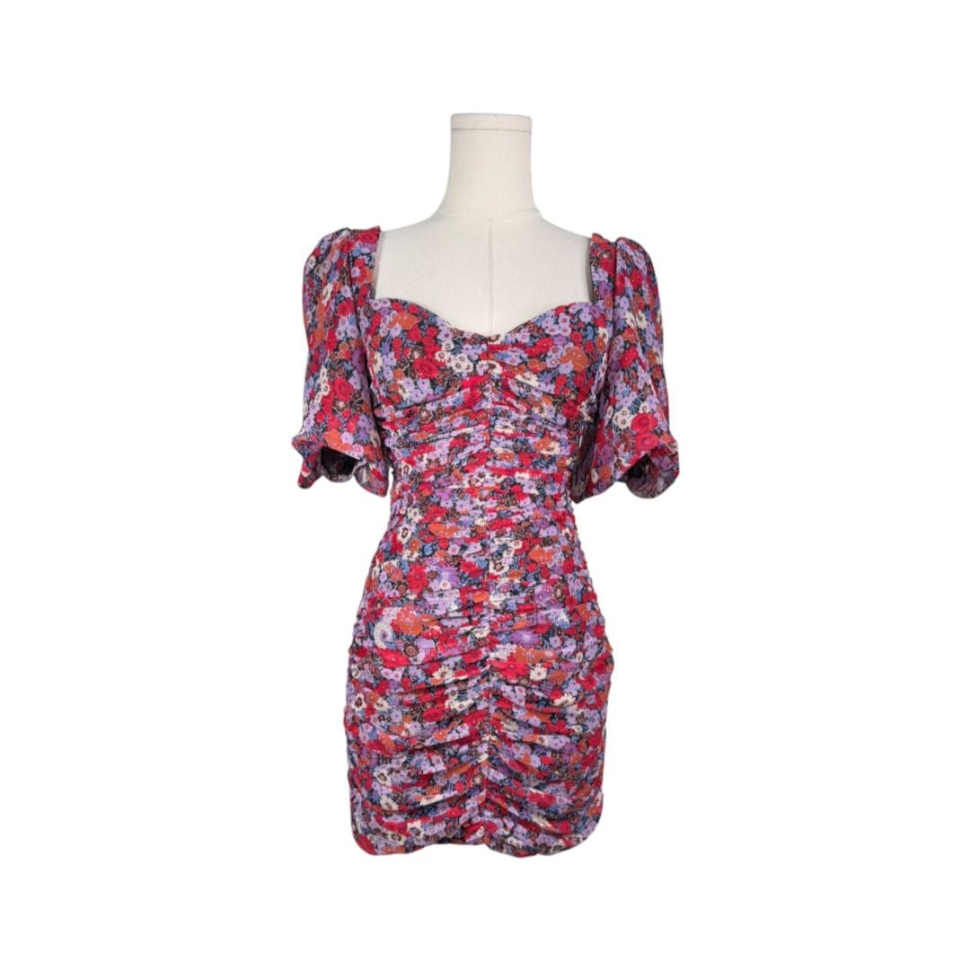 Zara Ruched Mini Dress Size XS Floral Puff Sleeve 2