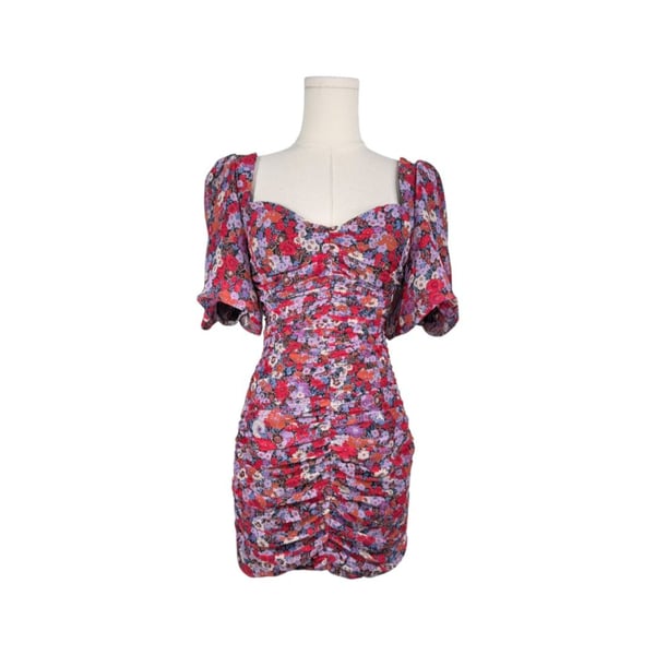 Zara Ruched Mini Dress Size XS Floral Puff Sleeve