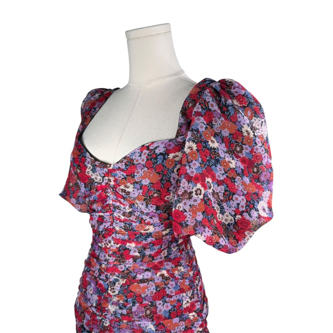 Zara Ruched Mini Dress Size XS Floral Puff Sleeve 6