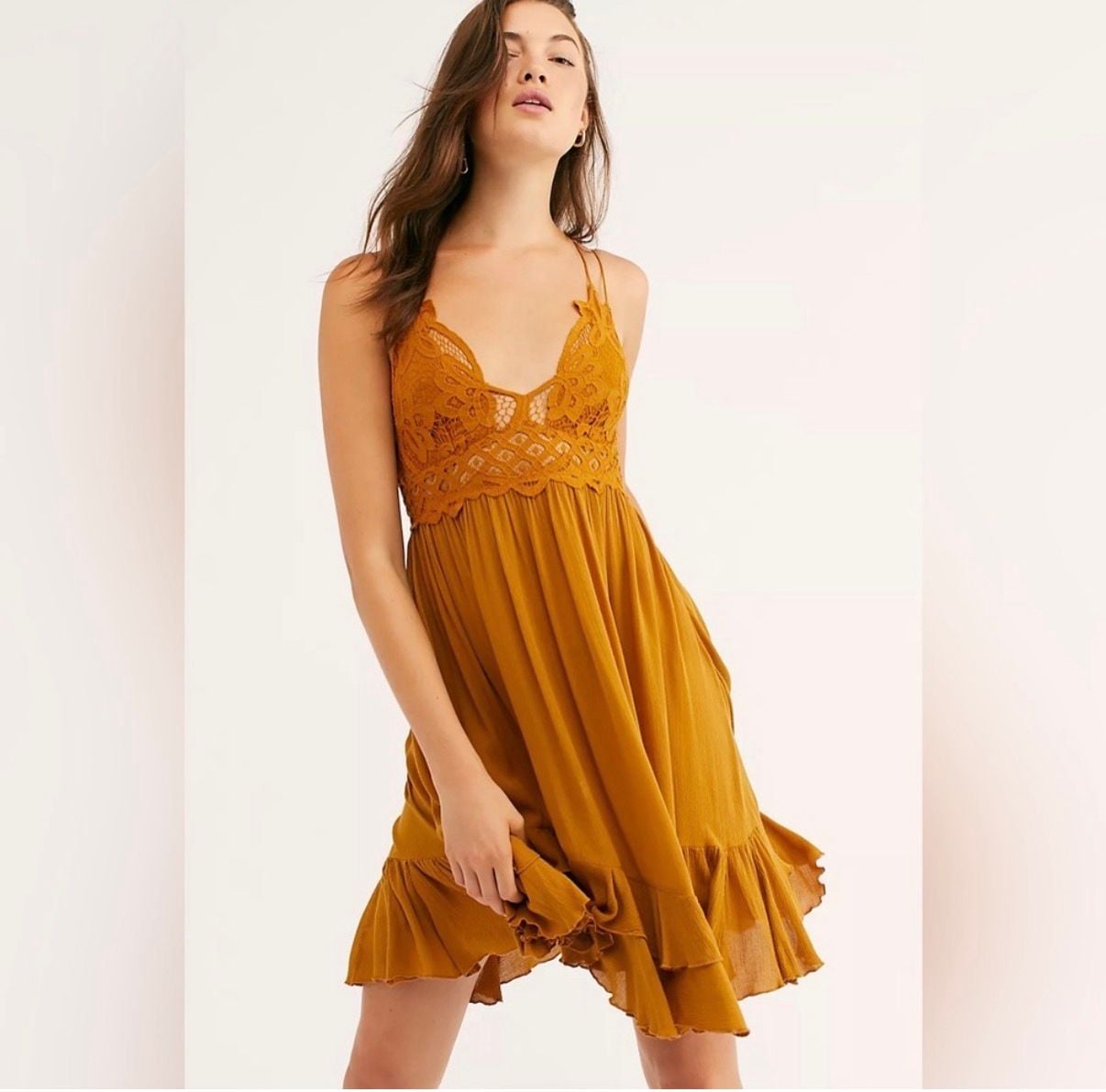 Free People Boho Adella Slip Dress Mustard Yellow XS 2