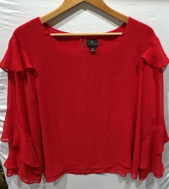 Worthington Blouse Size XL Red Chiffon Layered Ruffle Sleeve Top
E902 2