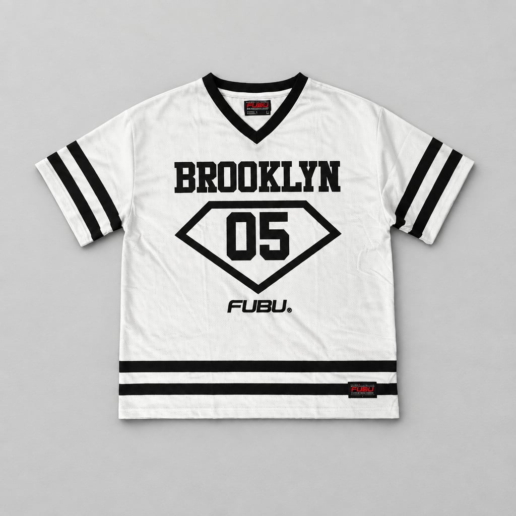 FUBU Brooklyn 05 Jersey Size L White Black Mesh V-Neck 2