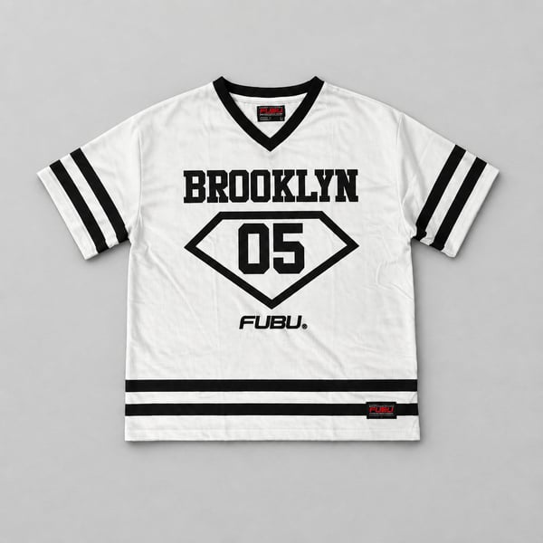 FUBU Brooklyn 05 Jersey Size L White Black Mesh V-Neck