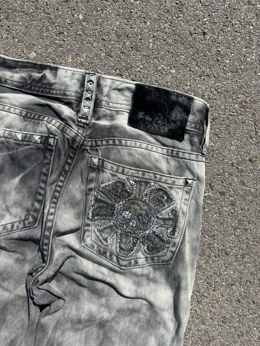 Big Train Jeans Grey Acid Wash Japanese Embroidered Studded Denim Pants 28/30 4