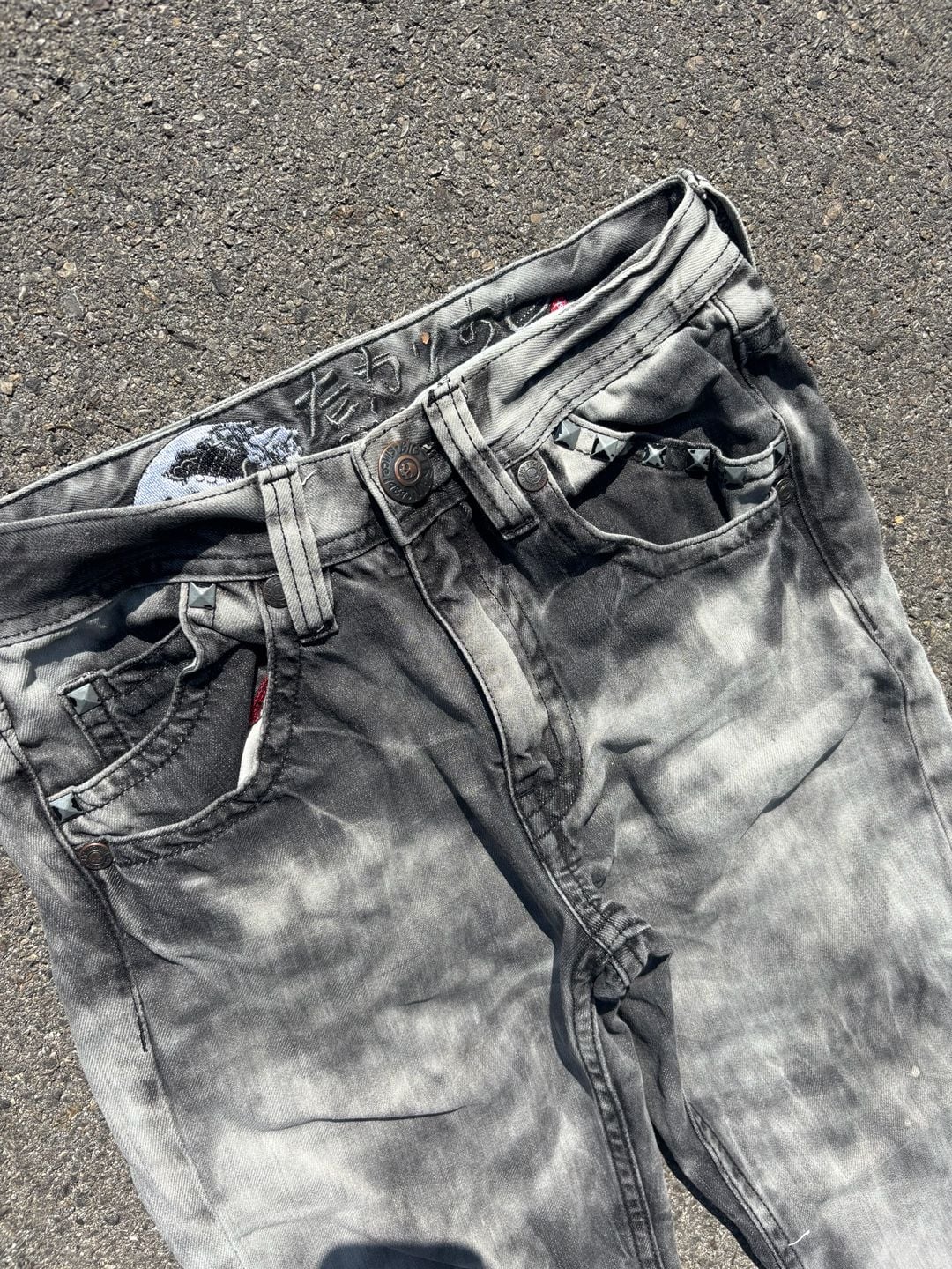 Big Train Jeans Grey Acid Wash Japanese Embroidered Studded Denim Pants 28/30 6