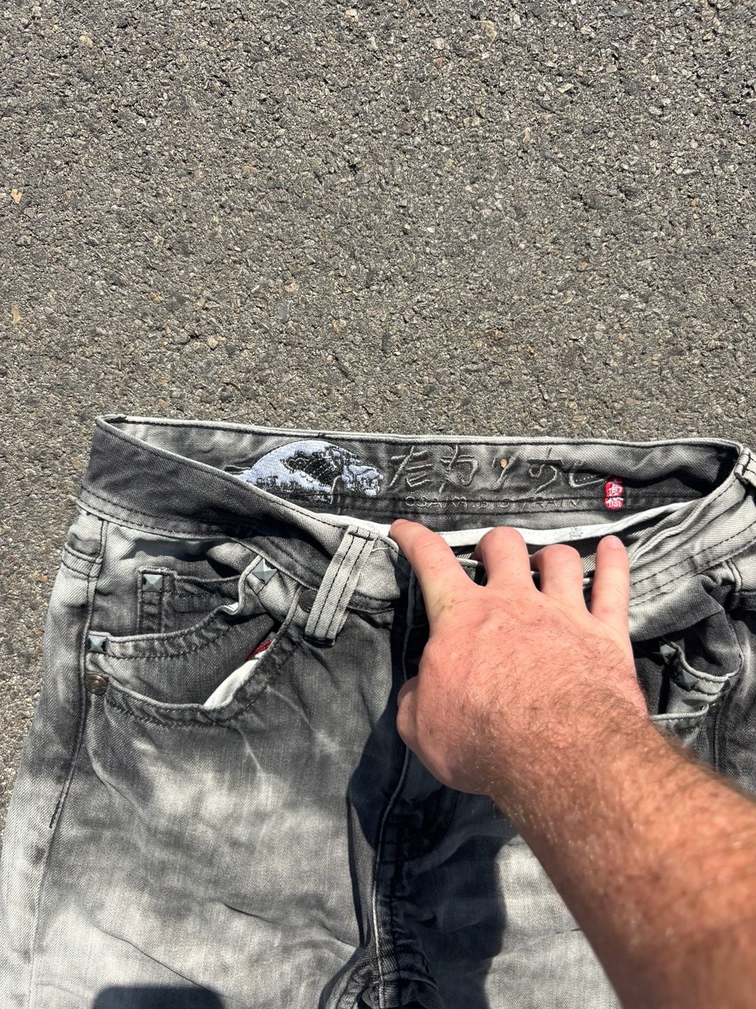 Big Train Jeans Grey Acid Wash Japanese Embroidered Studded Denim Pants 28/30 8