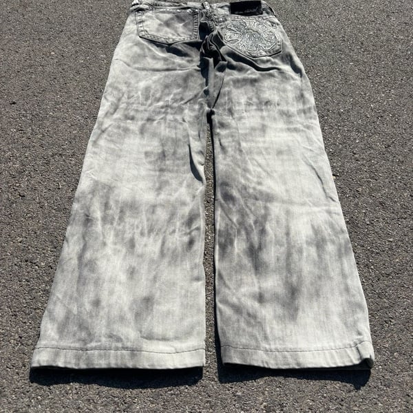 Big Train Jeans Grey Acid Wash Japanese Embroidered Studded Denim Pants 28/30