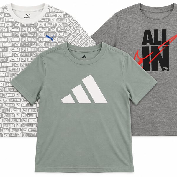 Nike Puma Adidas Boys Active Graphic T-Shirt Bundle Pack 3-Piece