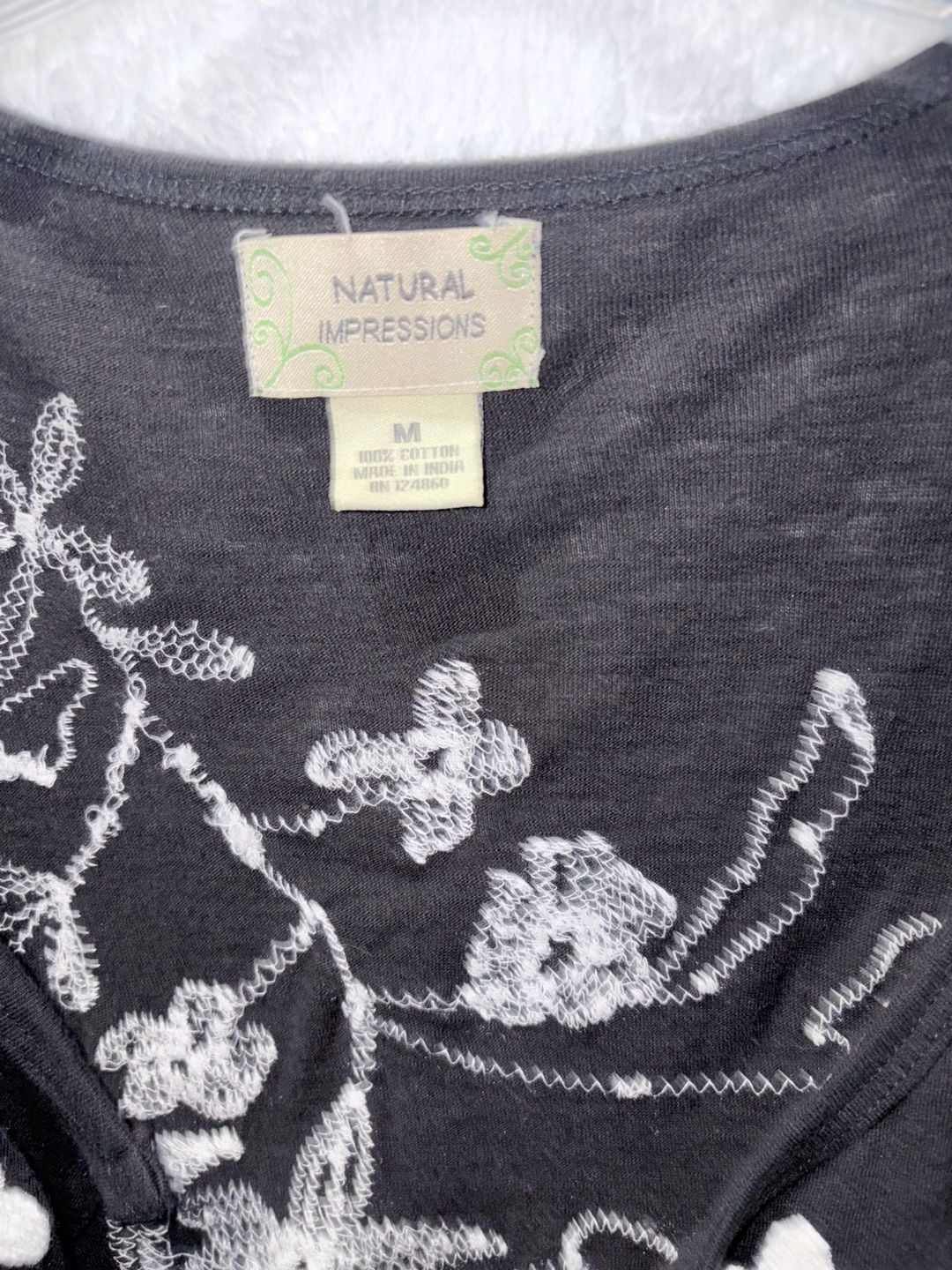 Natural Impressions Open Front Cardigan Size M Black White Floral Embroidered 7