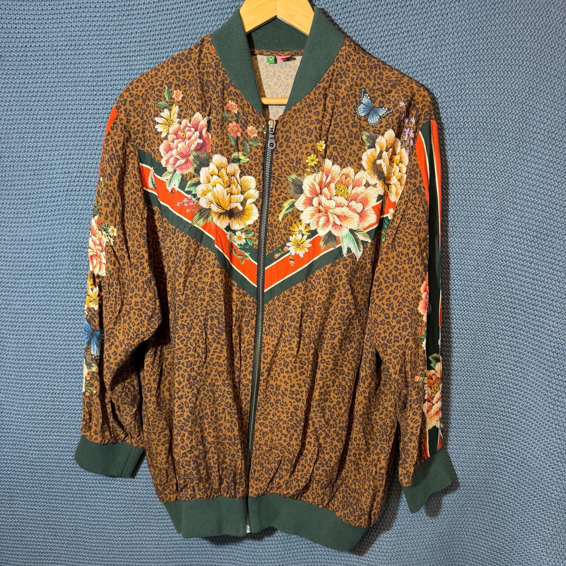 Farm Rio Floral Leopard Oversized Bomber Jacket Size S 2