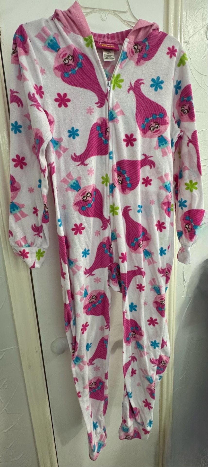 DreamWorks Trolls One Piece Pajama Size L/G Pink Poppy Fleece Hooded 1