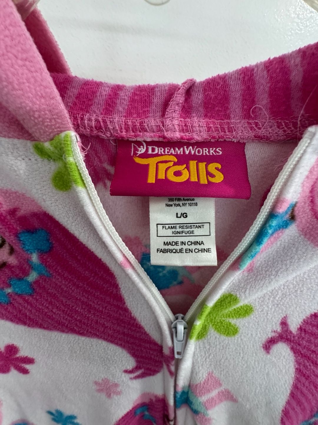 DreamWorks Trolls One Piece Pajama Size L/G Pink Poppy Fleece Hooded 2