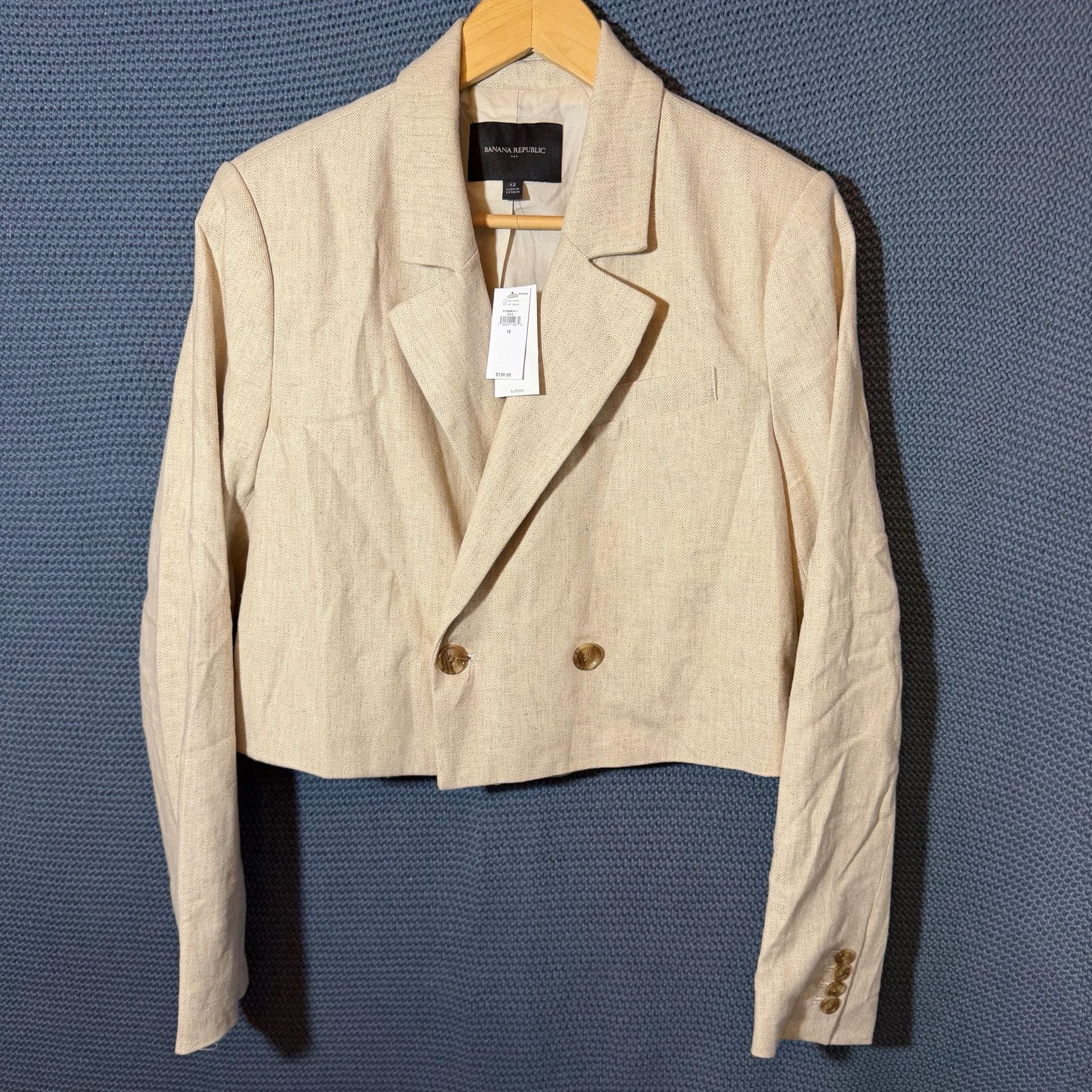 Banana Republic Cropped Double Breasted Blazer Size 12 Beige Linen 4