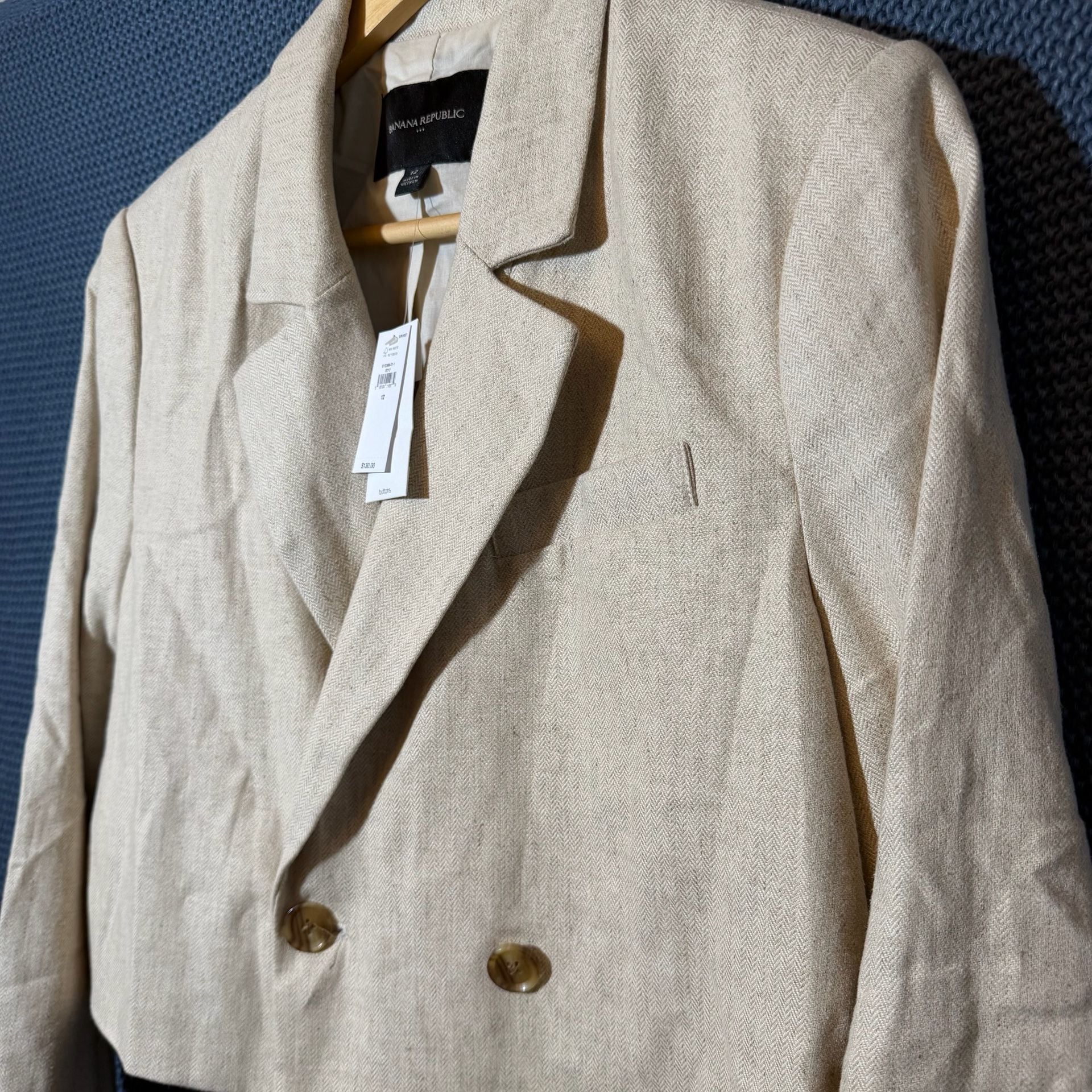 Banana Republic Cropped Double Breasted Blazer Size 12 Beige Linen 5