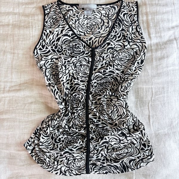 Ellen Tracy Tank Top Size M Black White Floral Silk V-Neck Ruched
