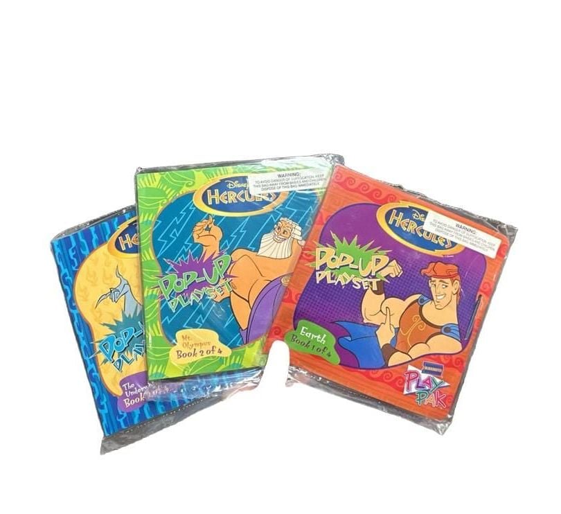 Disney Hercules Pop-Up Playset Books Lot Of 3 Blockbuster Play Pak 1