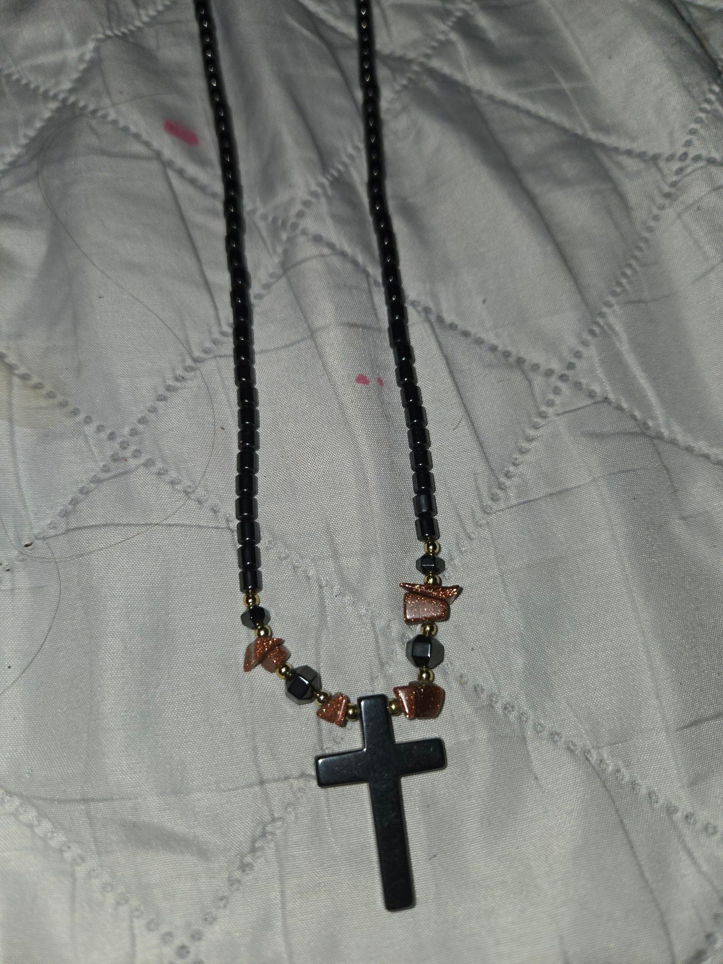 Unbranded Hematite Cross Pendant Necklace with Beaded Chain 2