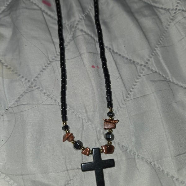 Unbranded Hematite Cross Pendant Necklace with Beaded Chain
