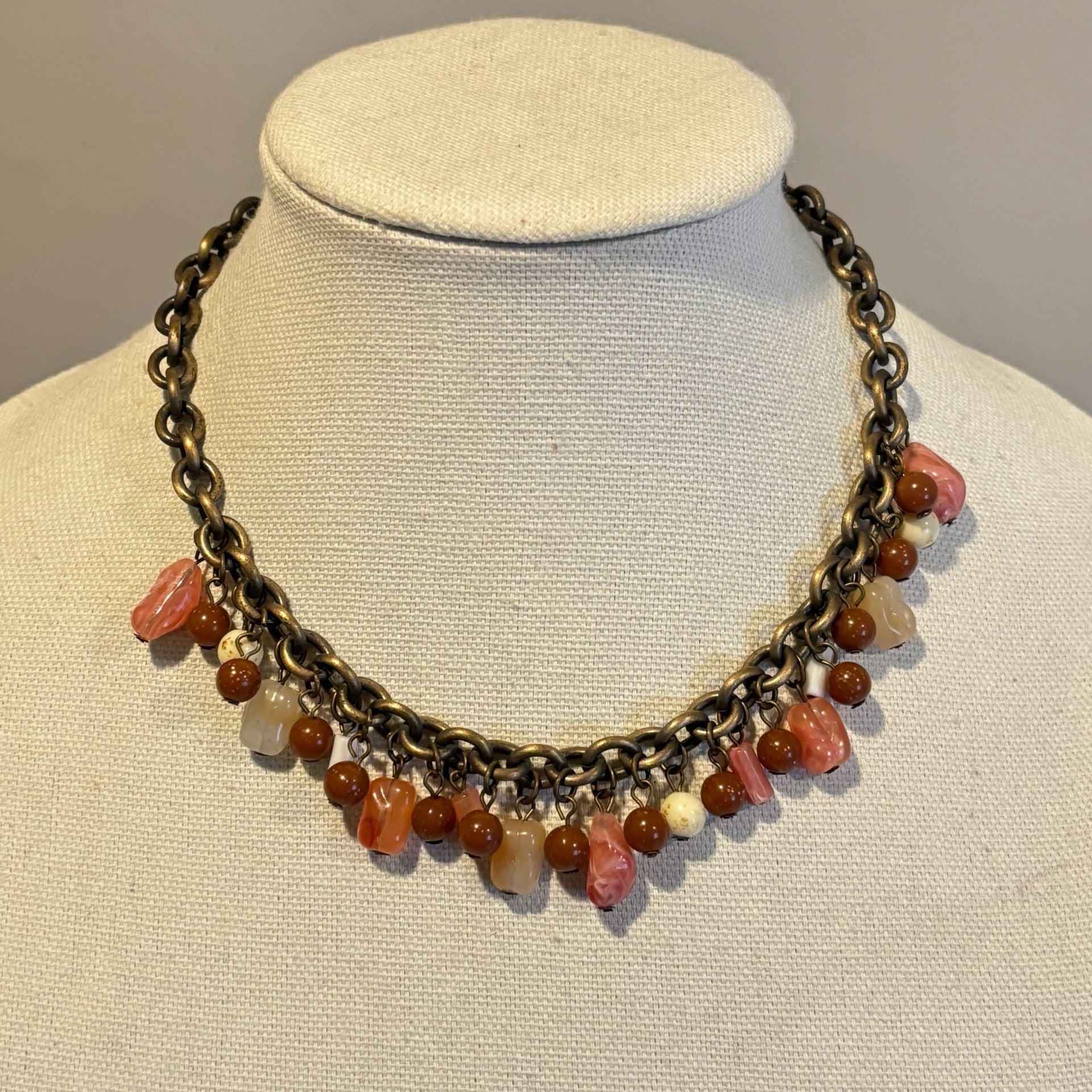 Vintage Brass Tone Pink Brown Beaded Charm Toggle Necklace 2