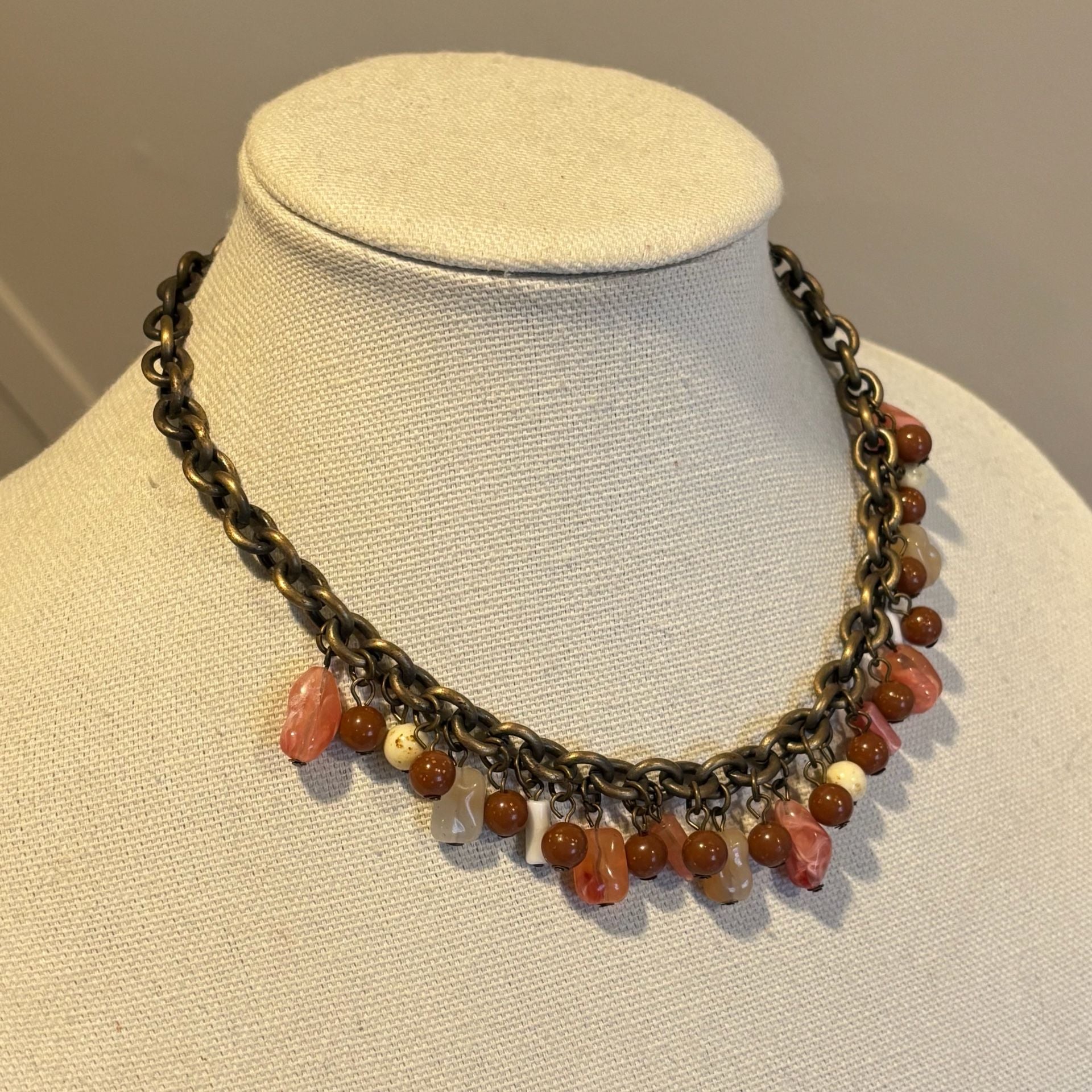 Vintage Brass Tone Pink Brown Beaded Charm Toggle Necklace 3