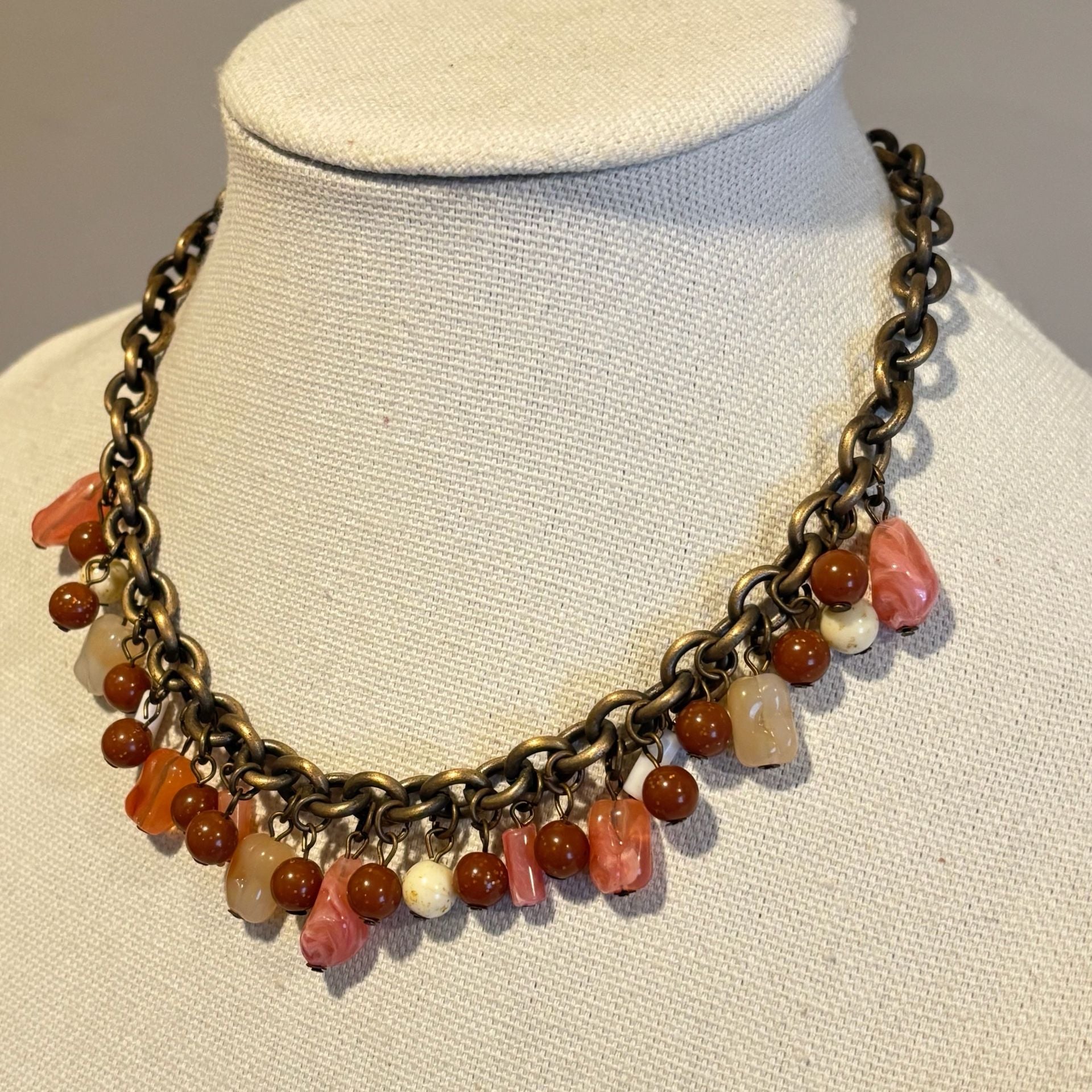 Vintage Brass Tone Pink Brown Beaded Charm Toggle Necklace 4