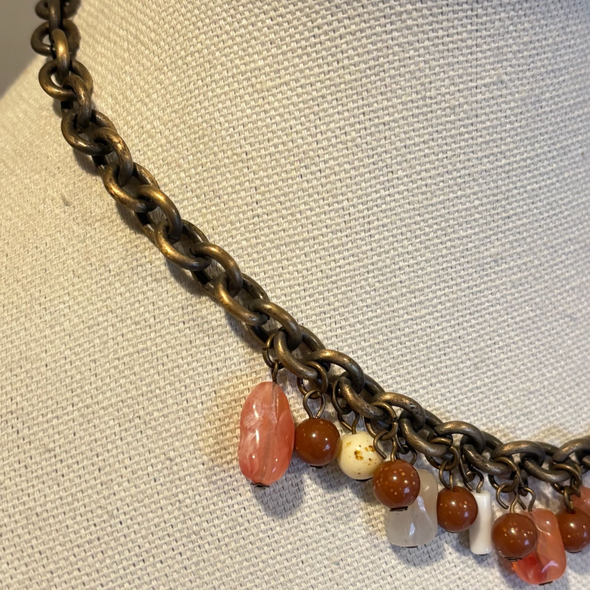 Vintage Brass Tone Pink Brown Beaded Charm Toggle Necklace 5