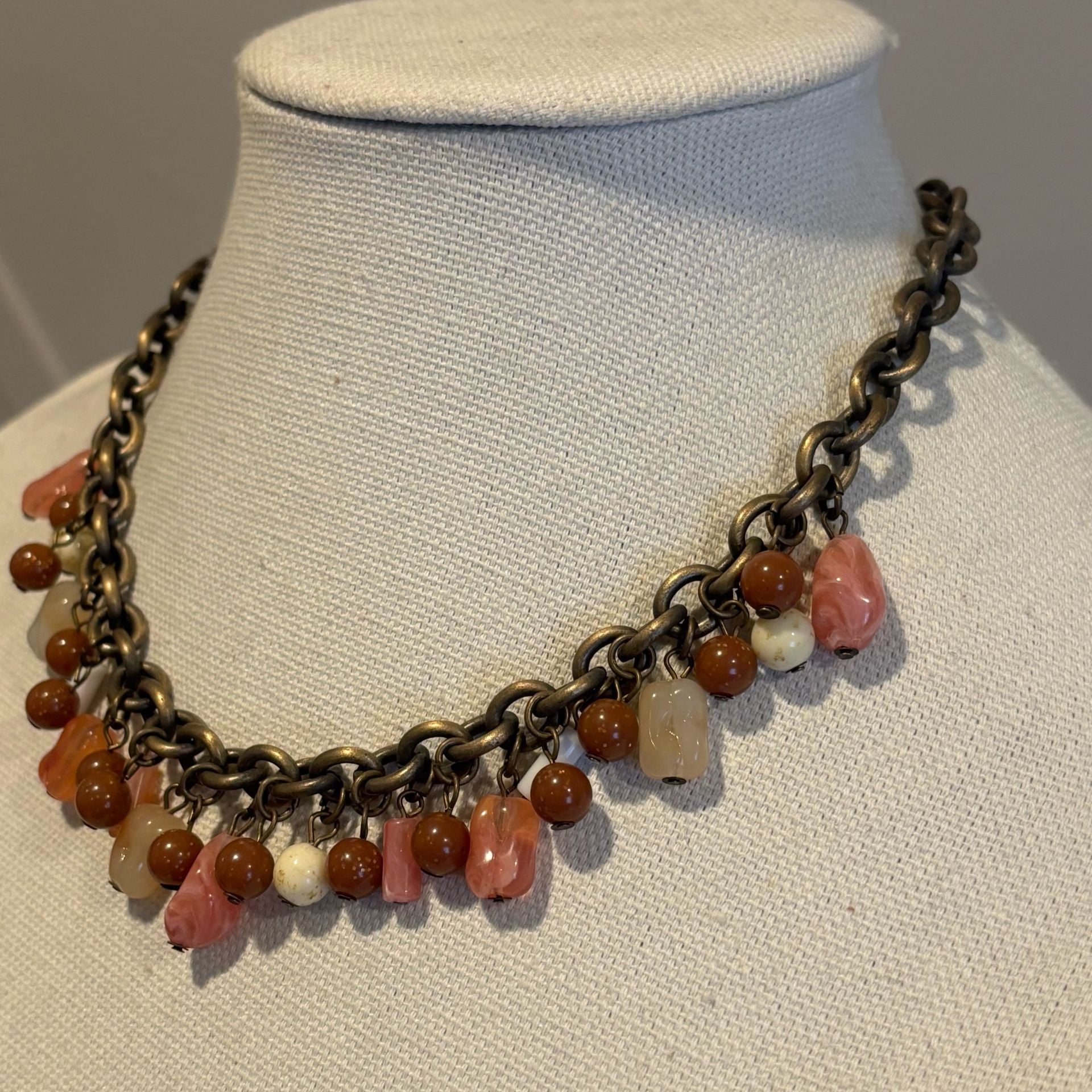 Vintage Brass Tone Pink Brown Beaded Charm Toggle Necklace 6