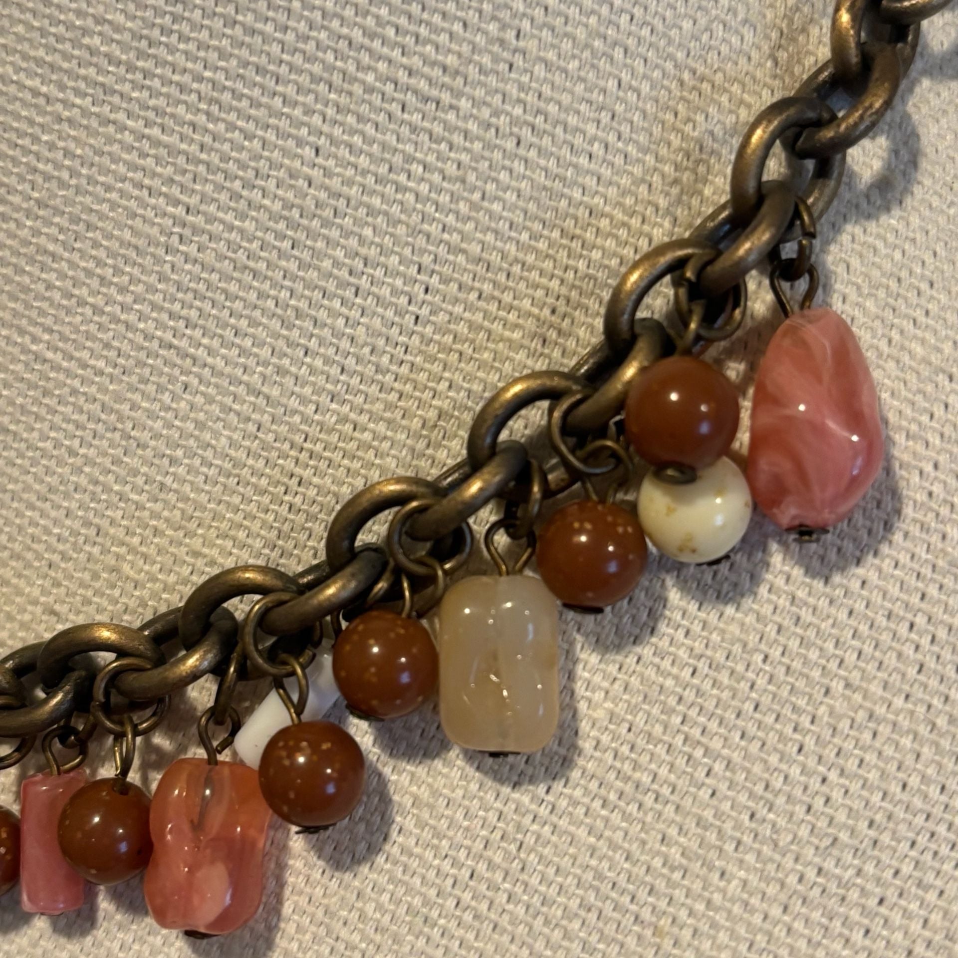 Vintage Brass Tone Pink Brown Beaded Charm Toggle Necklace 8