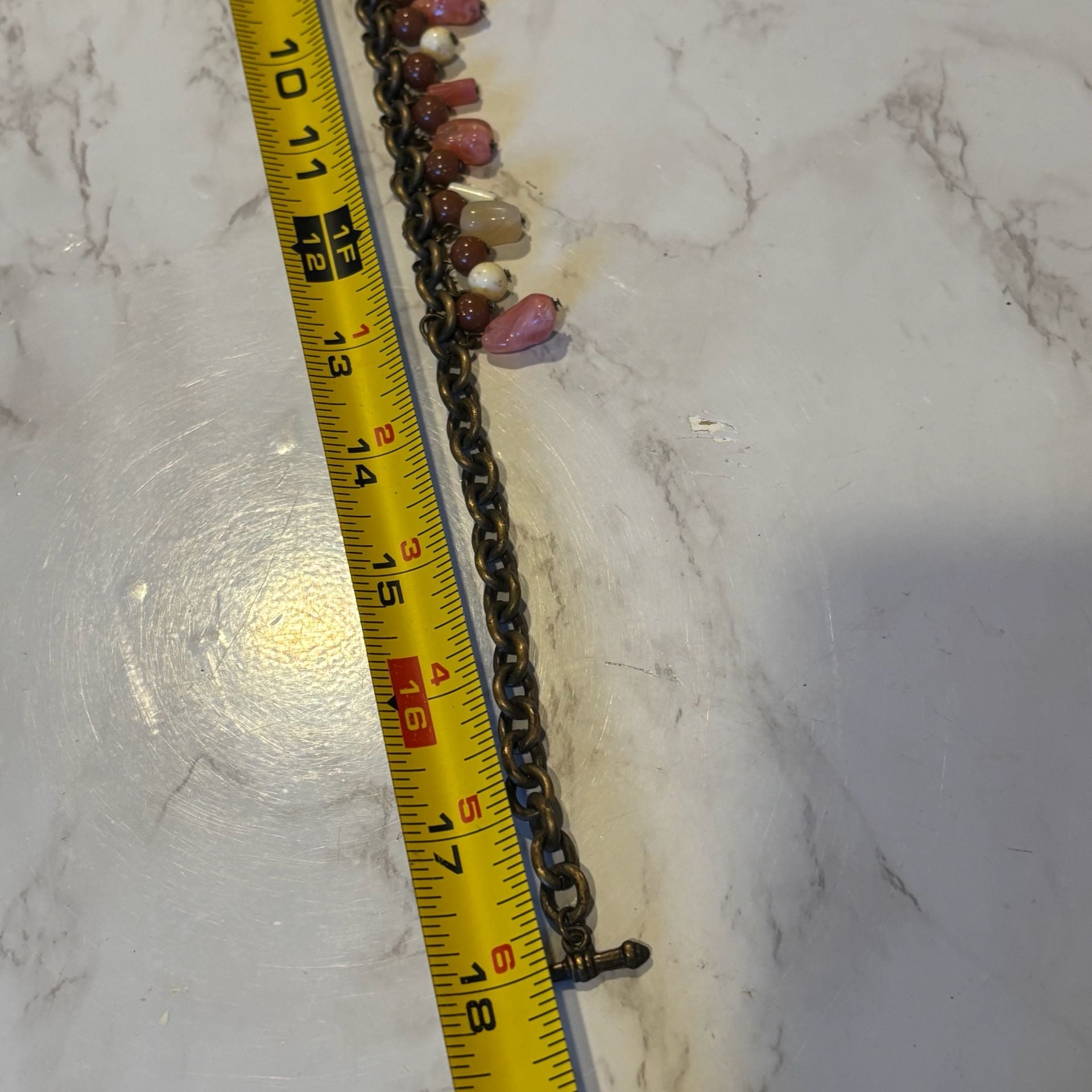 Vintage Brass Tone Pink Brown Beaded Charm Toggle Necklace 9
