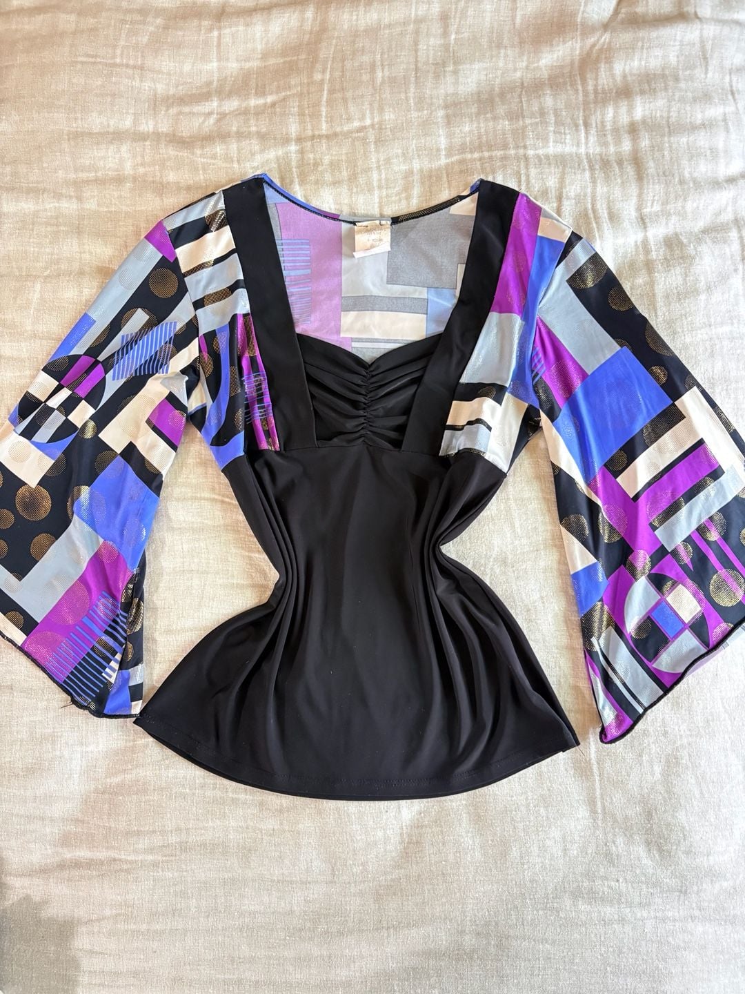 Vintage Geometric Print Top Blouse Black Purple Bell Sleeve M 2