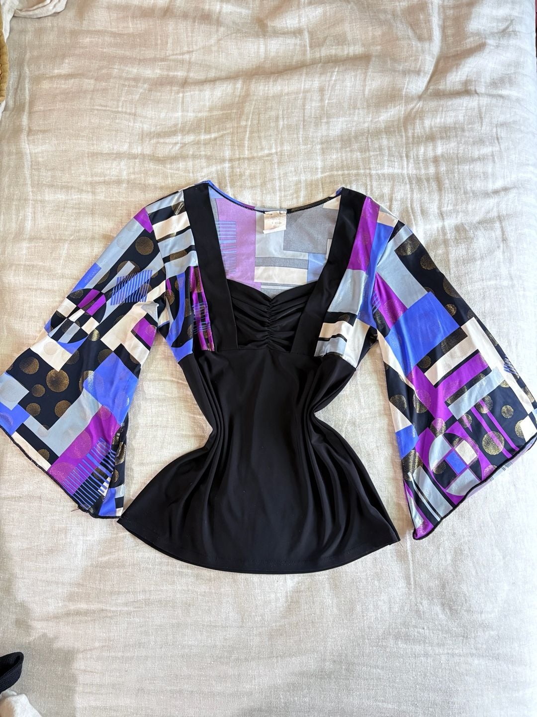 Vintage Geometric Print Top Blouse Black Purple Bell Sleeve M 3