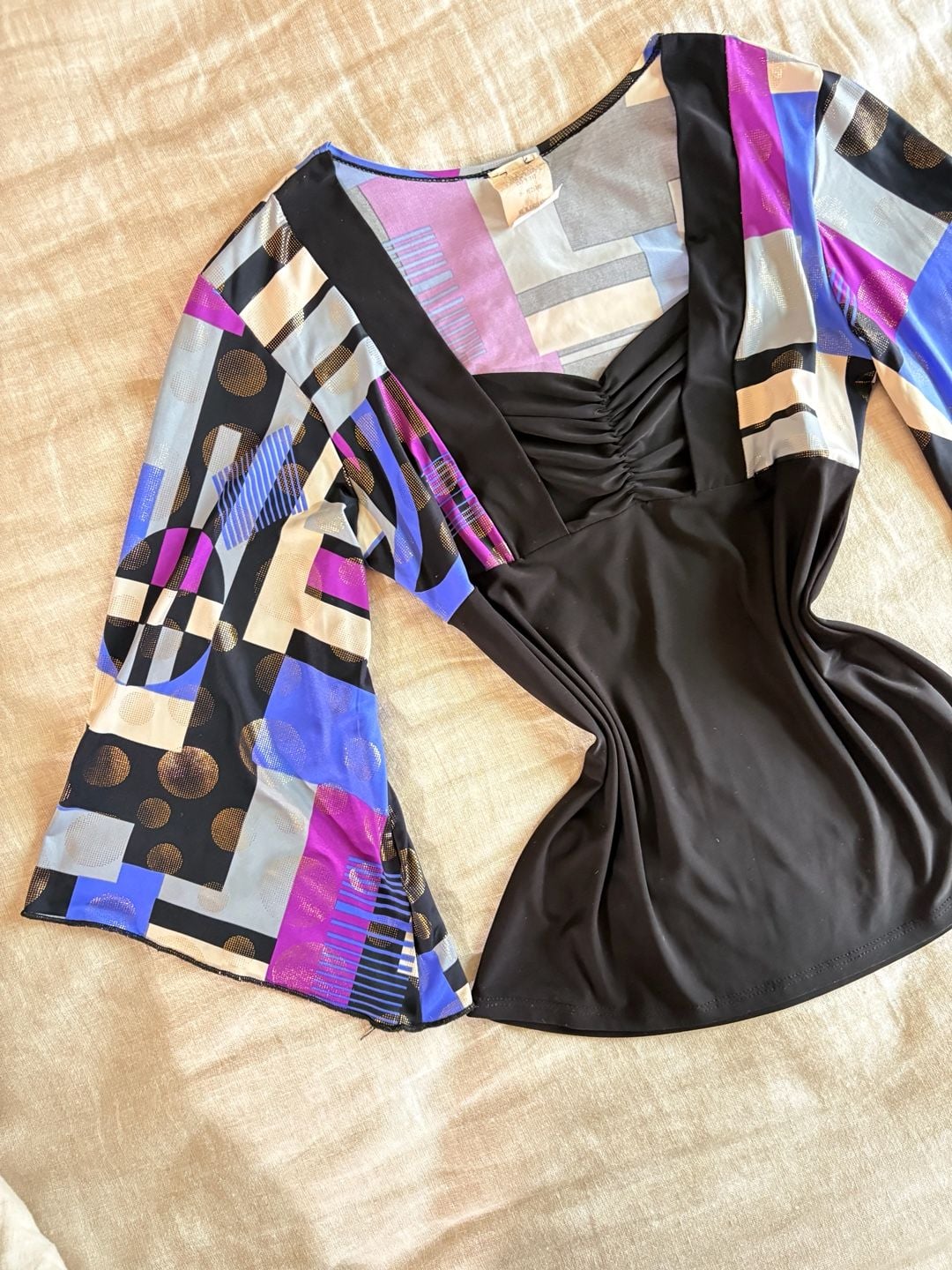 Vintage Geometric Print Top Blouse Black Purple Bell Sleeve M 4