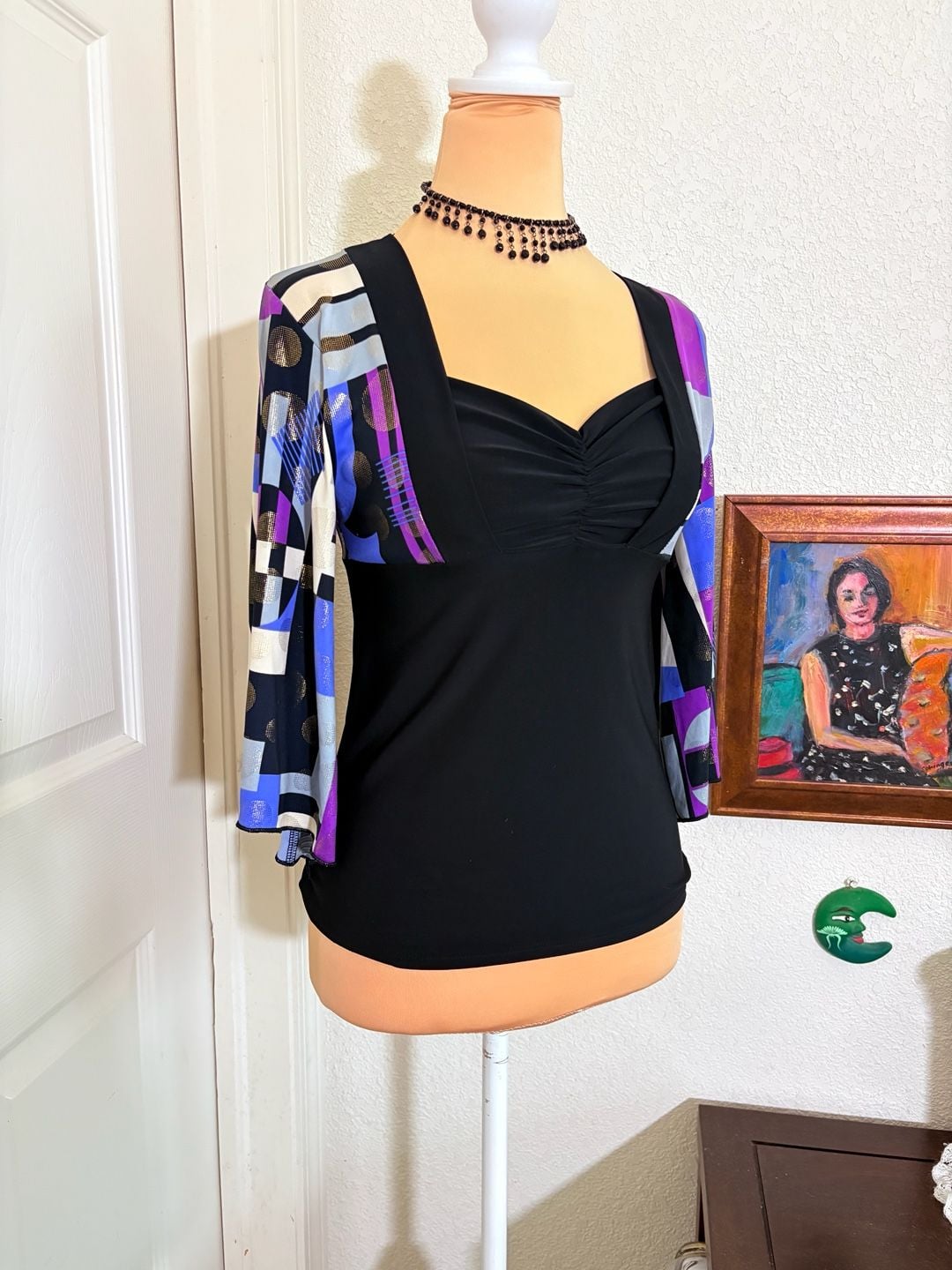 Vintage Geometric Print Top Blouse Black Purple Bell Sleeve M 5