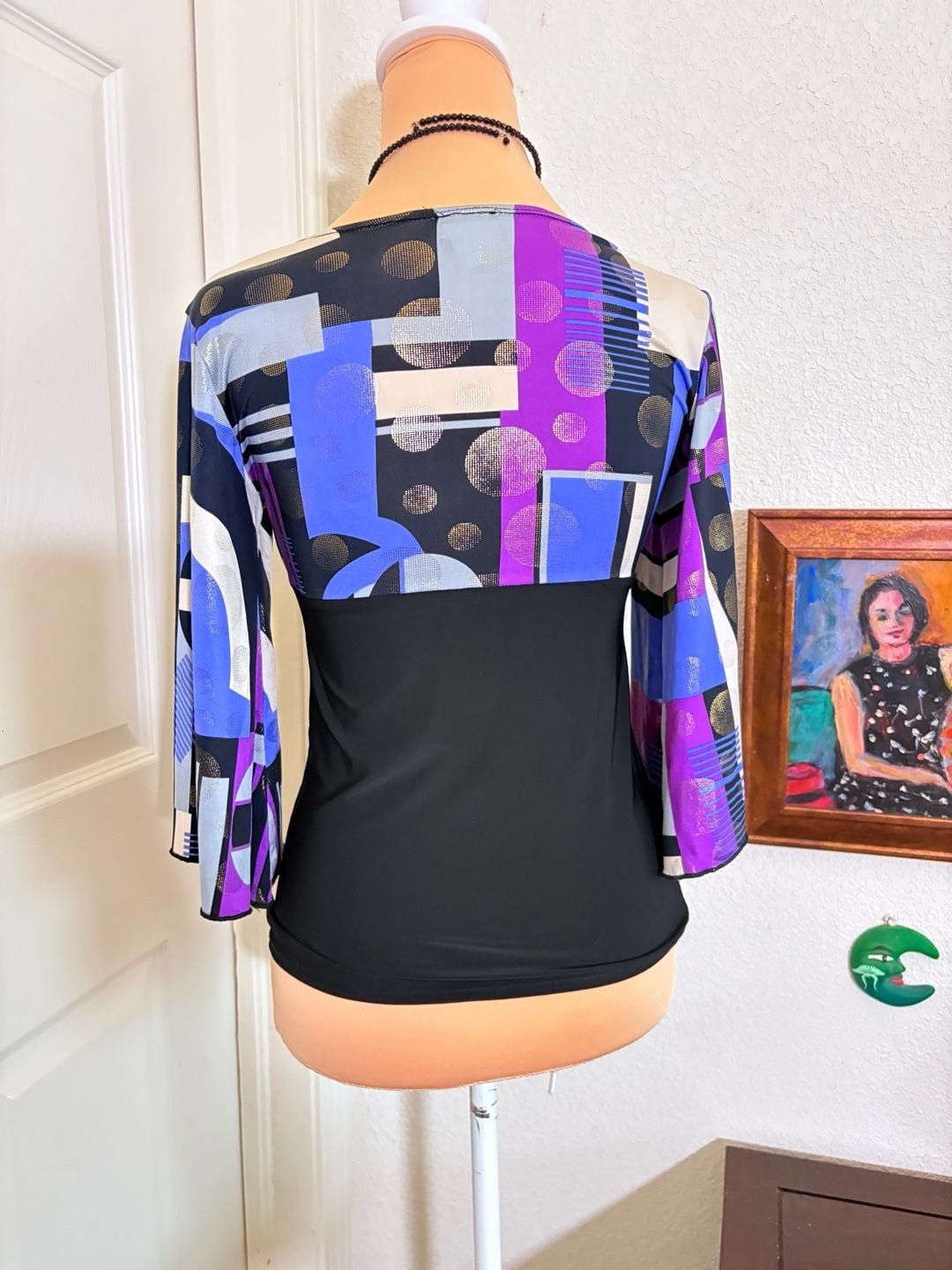 Vintage Geometric Print Top Blouse Black Purple Bell Sleeve M 7