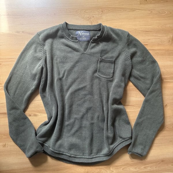Natural Reflections Sweater Size L Green Pocket Cotton V-Neck